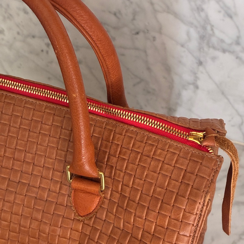 Authentic Clare V. Woven Leather Satchel Handbag in Cognac - Picture 7 of 14